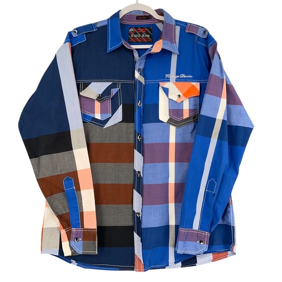 Catch Raw XL Vintage Denim Patchwork Plaid Button Down Shirt Menswear - Picture 1 of 6